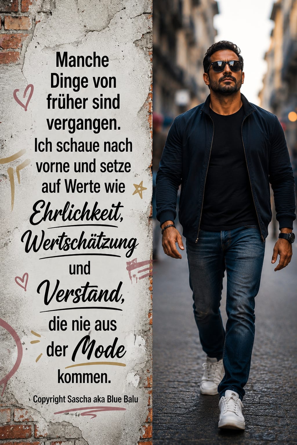 Blue Balu geht durch eine Straße neben einem Gedanken über Ehrlichkeit, Wertschätzung und Verstand