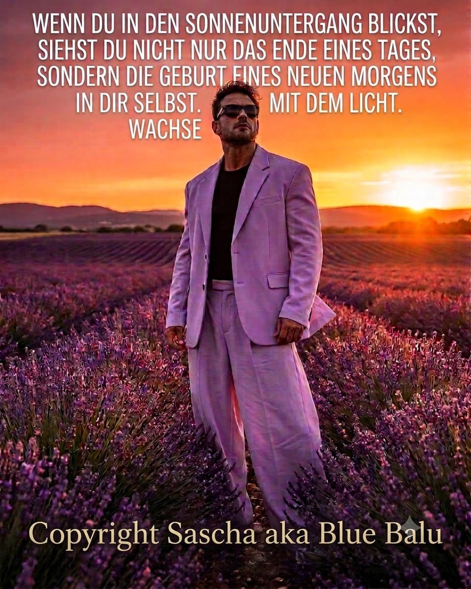 Blue Balu in einem violetten Feld bei Sonnenuntergang mit einem Gedanken über einen neuen Morgen