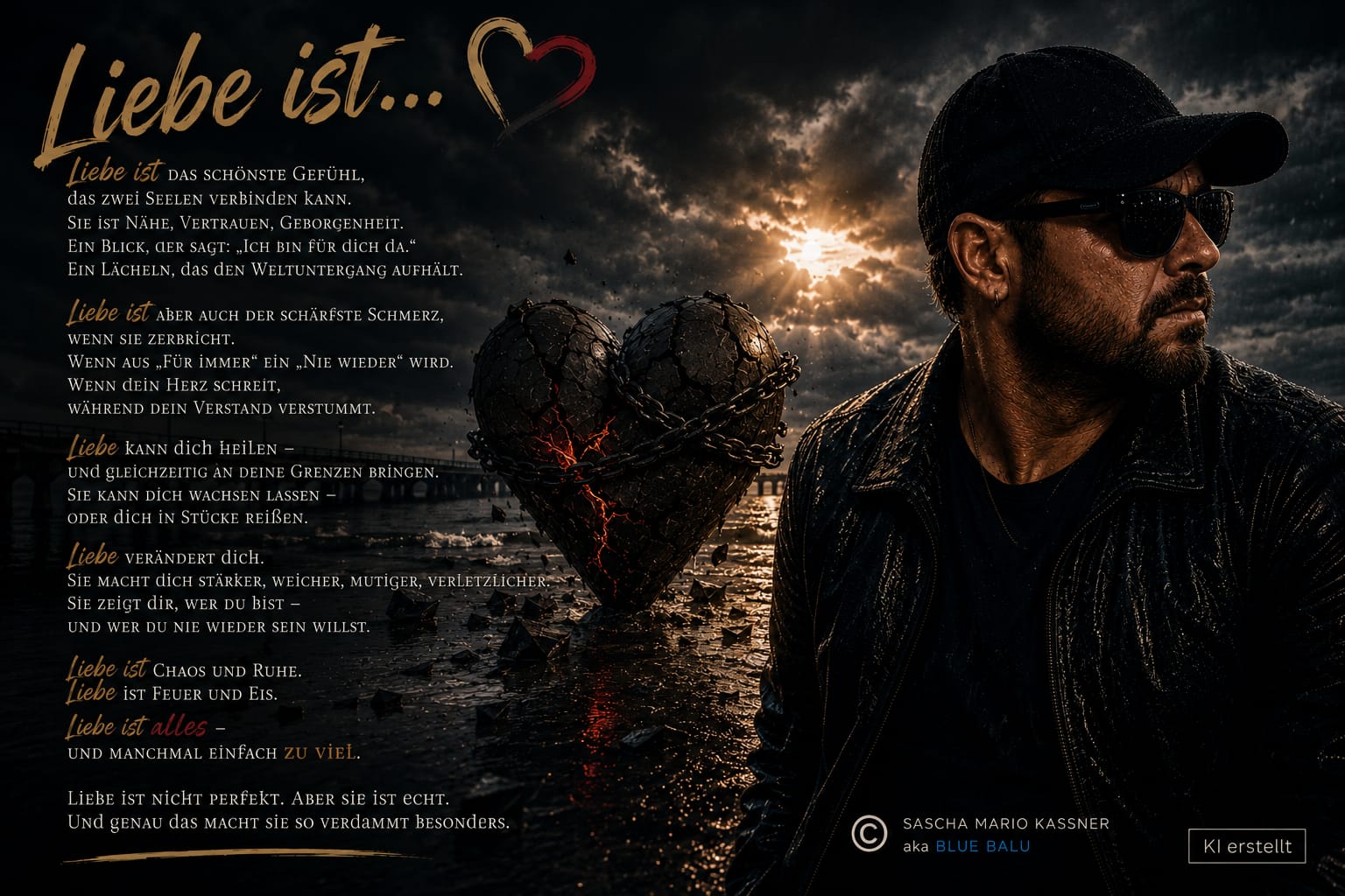 Liebe ist – Gedichtbild mit Blue Balu und einem zerbrochenen Herz