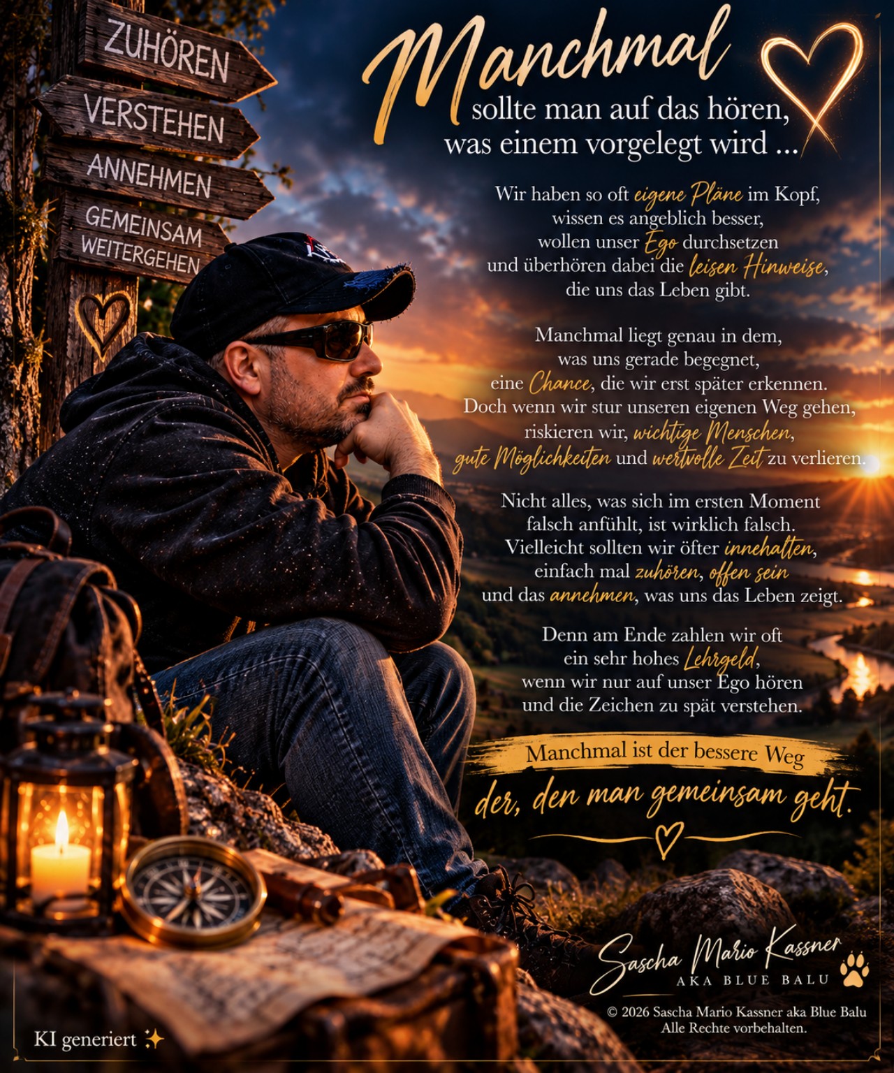 Blue Balu an einem Wegweiser mit einem Gedicht über Zuhören, Verstehen und gemeinsames Weitergehen