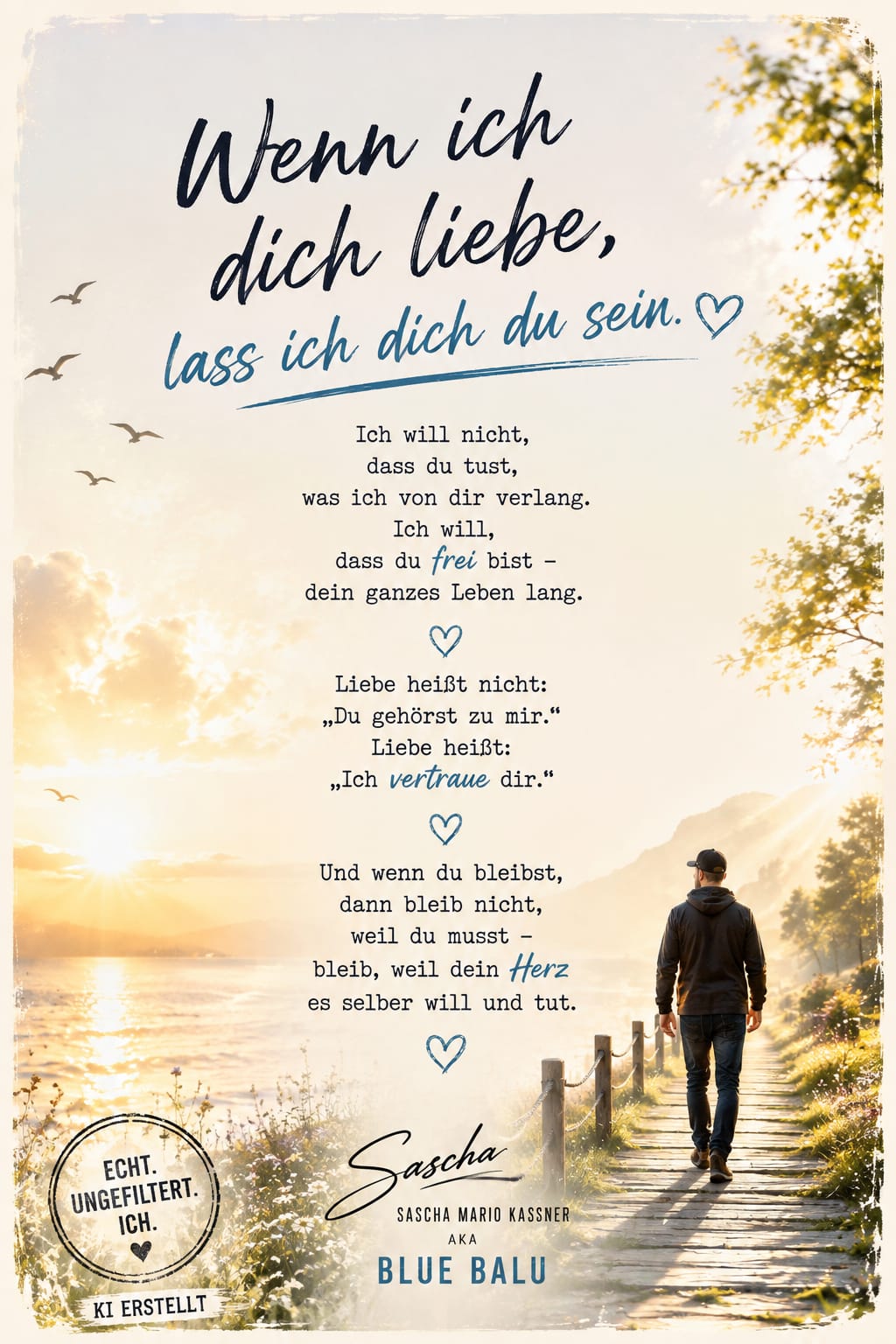 Gedicht Wenn ich dich liebe, lass ich dich du sein vor einer hellen Landschaft