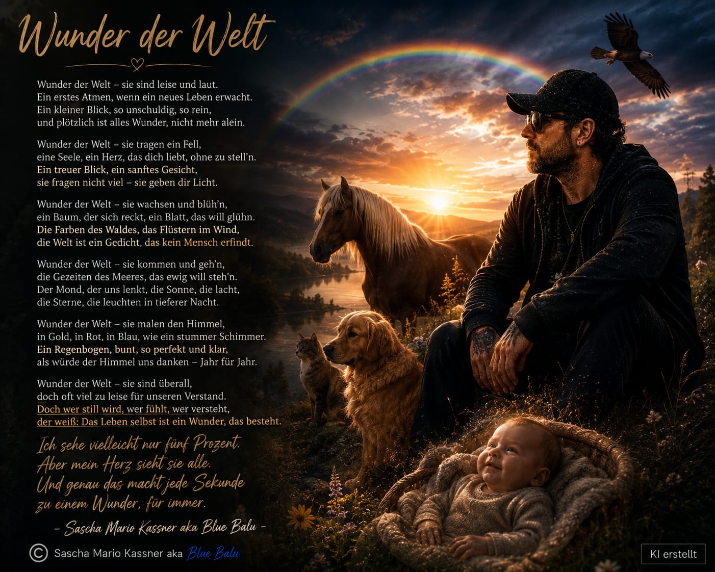 Wunder der Welt mit Mensch, Tieren, Baby und Regenbogen im Abendlicht